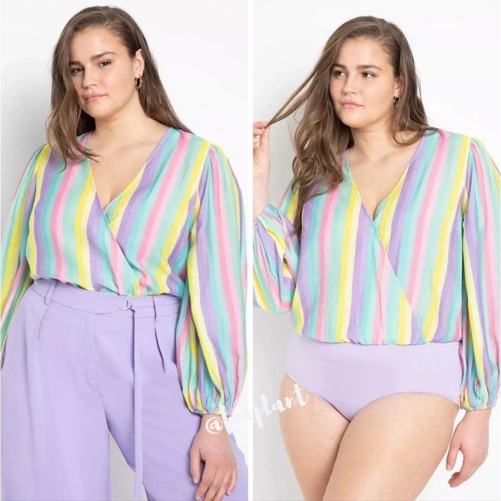Eloquii Pastel Rainbow Striped Surplice V-Neck Long Sleeve Bodysuit Sz 16